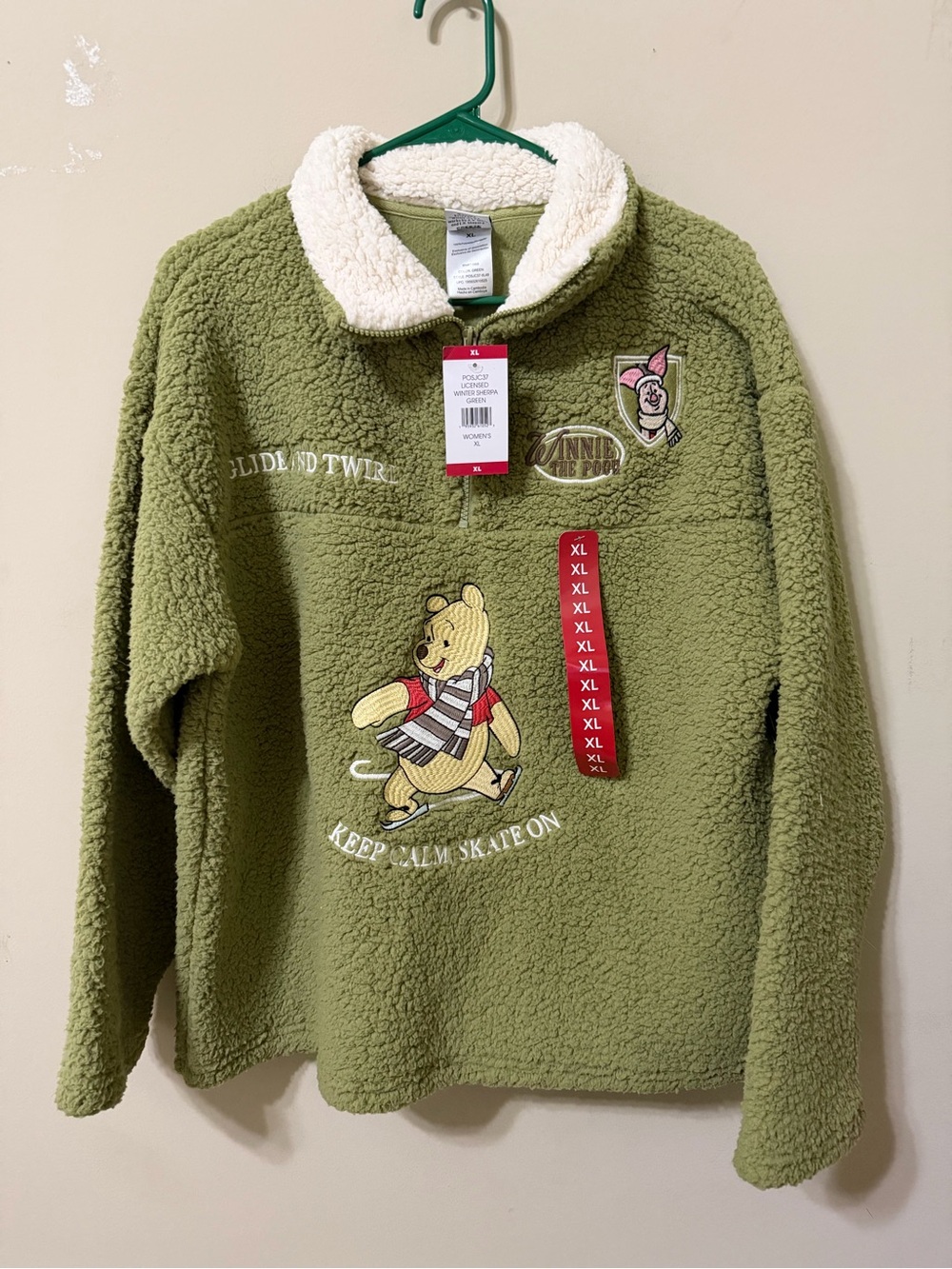 Olive Green Winnie the Pooh Sherpa Pullover xl new Sherpa collar